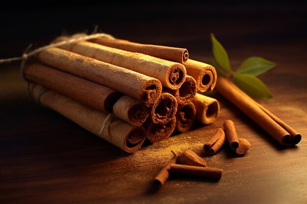 Cinnamon sticks and fresh leaves on a wooden surface